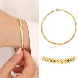 14k Gold Flat Snake Chain Bracelet | 4mm Classic Chain Stacking Bracelet, Herringbone Chain, Lobster Clasp, Elegant Jewelry, Gift for Women