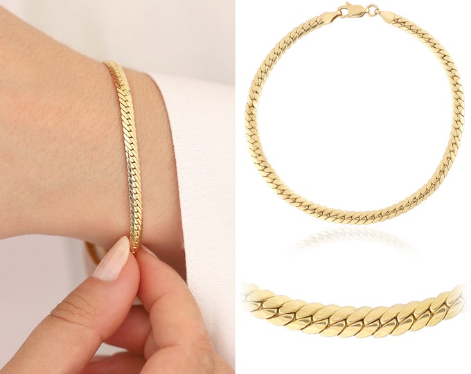 14k Gold Flat Snake Chain Bracelet | 4mm Classic Chain Stacking Bracelet, Herringbone Chain, Lobster Clasp, Elegant Jewelry, Gift for Women