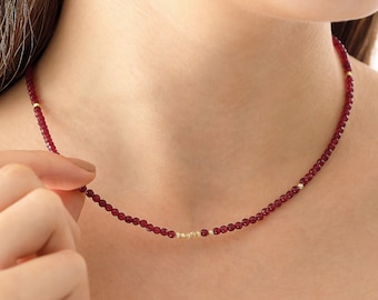 14k Gold Dainty Red Jade Necklace | Natural Gemstone Jewelry for Inner Power, Chi Stone, November Birthstone, Birthday Gift, Gift for Her