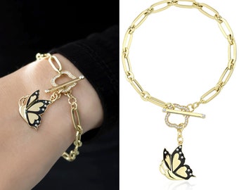 Enamel Butterfly Charm Gold Bracelet | D-Ring Closure w/ Gemstone Bezel, Thin Long Link Butterfly Pendant Bracelet | Gift for Her