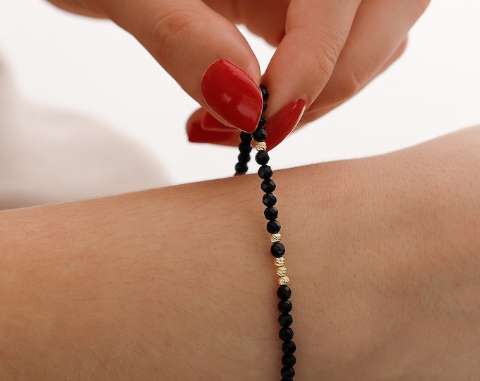 14k Gold Onyx Stone Bracelet | Black Onyx Crystal Gemstone Beaded Bracelet, Dainty Natural Stone Bracelet, Protection Bracelet, Gift for Her