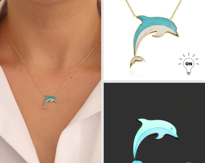 14k Gold Glow in the Dark Dolphin Pendant | Luminous Dolphin Necklace, Luminescent Colorful Dolphin, Cute Nautical Jewelry, Birthday Gift