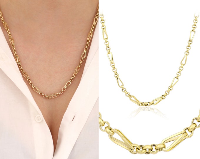 14k Gold 5mm Barleycorn & Rolo Chain Necklace | Vintage Look Thick Wheat Chain w/ Rolo Links, Multi Chain Design Necklace, Anniversary Gift