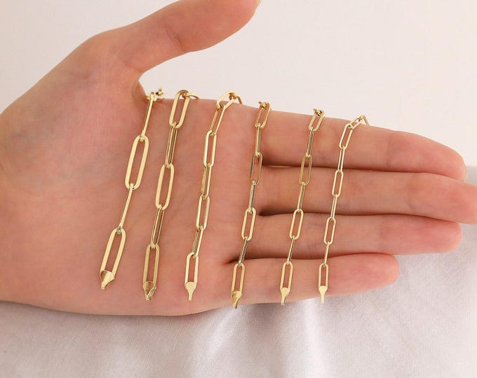14k gold elongated paperclip chain bracelets | 3mm to 6mm rectangle link chain bracelets, unisex chain, fine jewelry, gift for boyfriend