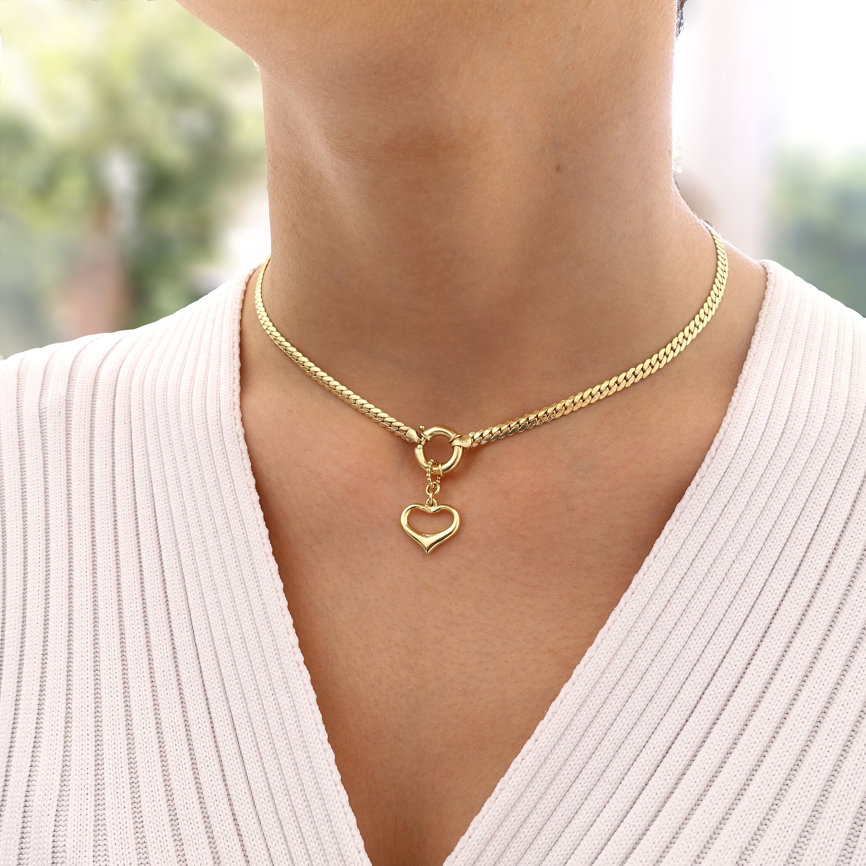 Heart Charm Sailor Lock Herringbone Chain Necklace 14k Gold Thick
