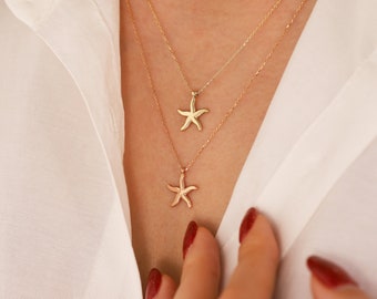 14k Gold Starfish Necklace | Sea Star Minimalist Dainty Pendant Summer Jewelry