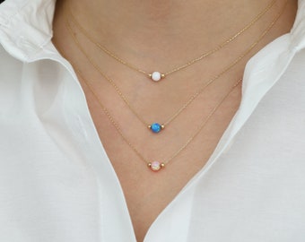 14k Gold Opal Round Necklace | Blue Pink White October Birthstone Pendant