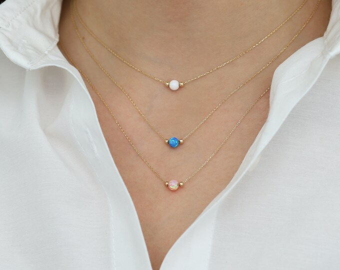 14K Gold White, Blue, Pink Opal Round Necklace | October Birthstone, Fine Jewelry, Libra Zodiac Necklace, Venus Jewelry, Graduation Gift