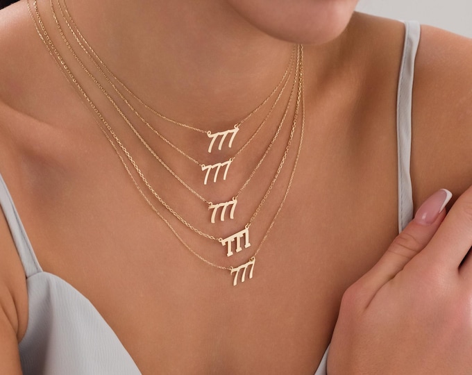 14k Gold 777 Angel Number | 777 Lucky Number Minimal Necklace for Chance and Good Fortune, Blessing Gift for Her, Gold Fate Graduation Gift