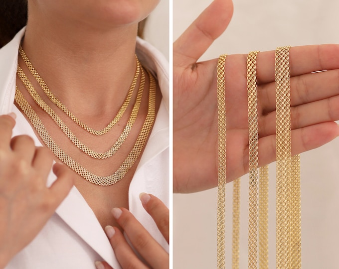 14k Gold Bismarck Mesh Chain Necklace | 5mm Italian Mesh Chain Necklace, Retro Chain, Vintage Look Chain Jewelry, Graduation Gift for Her