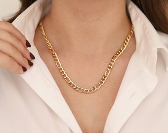 14k Gold Figaro Chain Necklace | 6.5mm Unisex Cuban Link Bold Layering Jewelry
