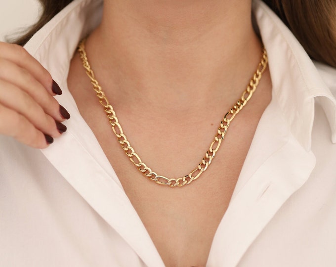6.5mm Figaro Chain Necklace | 14k Gold Figaro Chain, Layering Necklace, Unisex Chain Necklace, Chunky Stucking Chain Jewelry, Gift for Her
