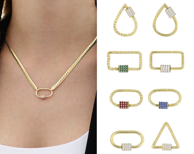 Diamond Carabiner Enhancer Lock Charm | 14k Gold Carabiner Clasp and Pendant, Herringbone Chain, Flat Snake Chain Necklace, Gift for Her