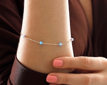 Light Blue Opal Bracelet | 14k Gold Blue, White and Pink Satellite Opal Bracelet, October & Libra Birthstone, Zodiac Jewelry, Birthday Gift