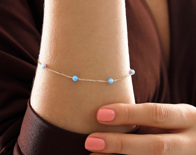 Light Blue Opal Bracelet | 14k Gold Blue, White and Pink Satellite Opal Bracelet, October & Libra Birthstone, Zodiac Jewelry, Birthday Gift