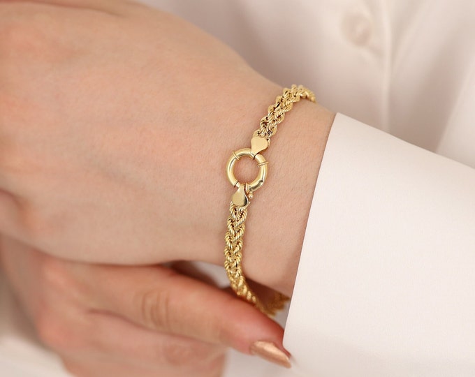 14k Gold Round Wheat Chain Bracelet | 6mm Straw Mesh Gold Chain, Sailor Clasp Bracelet, Charm Bracelet, Stacking Chain Jewelry, Gift for Her