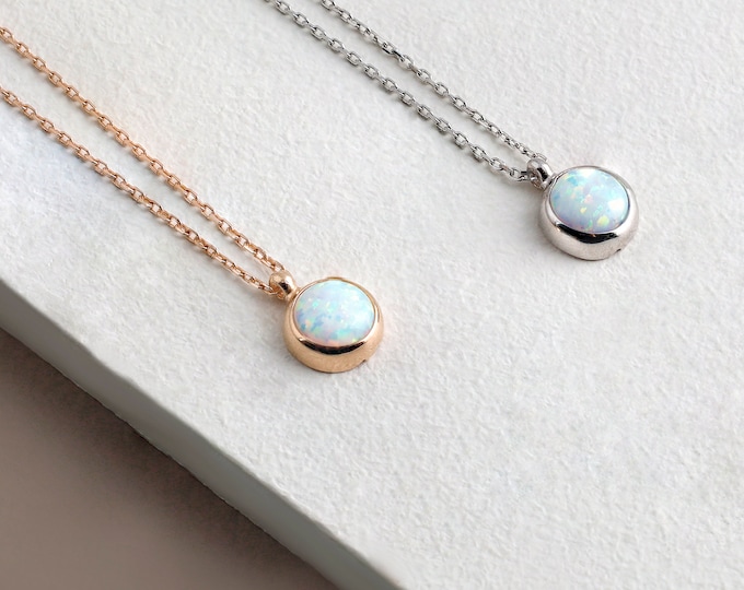 14k Gold White Opal Necklace | Minimal & Elegant 14k Gold Opal Gemstone Pendant Necklace, Anniversary Valentine Gift October Birthstone