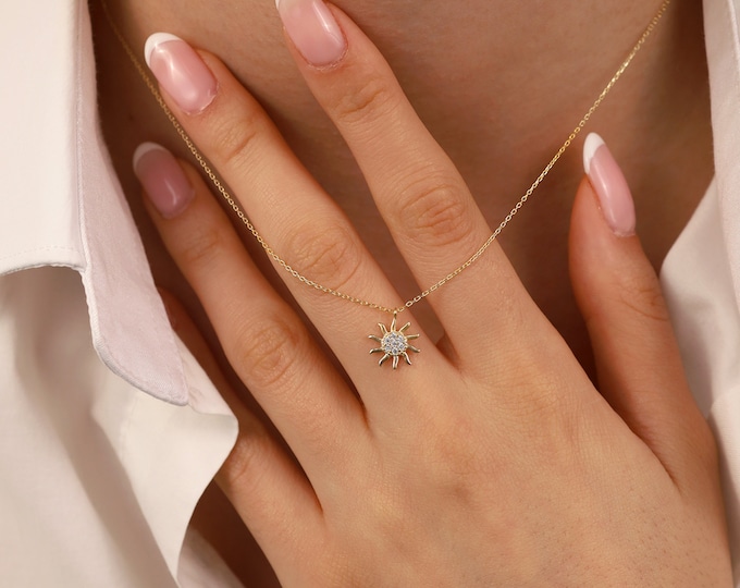 14K Gold Sun Necklace With Stones | Sunshine Pendant, Minimalist Jewelry, Celestial Necklace, Everyday Layering Necklace, Thoughtful Gift,