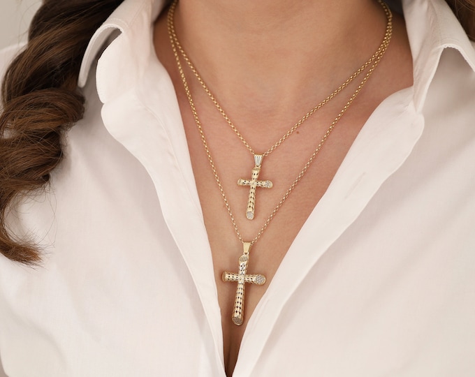 14k Gold Cross Pendant | 3D Puffy Christian Necklace, Pray Rosary Pendant, Religious Gift, Gift for Elders, Gift for Seniors, Gift for Mom