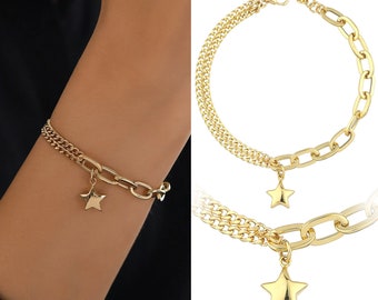 Charm Star Bracelet 14k Gold | Puffed Star Pendant w/ Double Curb Chain and Paperclip Thick Link w/ Lobster Claw Lock Bracelet