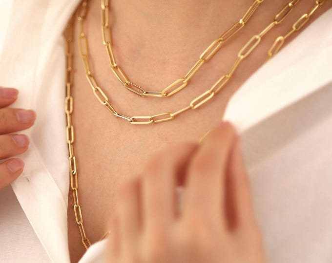 14k gold 4mm paperclip chain necklace | rectangle link chain, unisex chain necklace, layering chain necklace w/ lobster clasp, gift for her