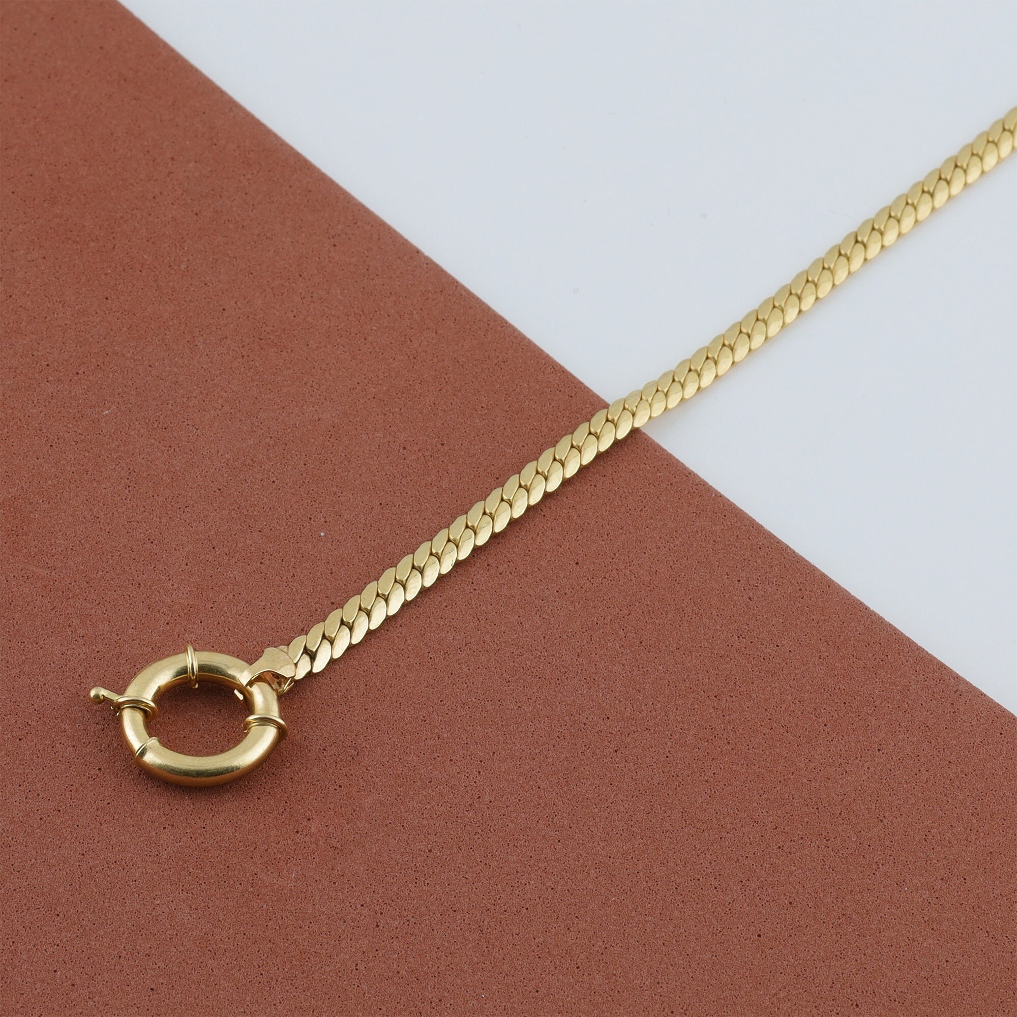  14k Gold Snake Herringbone Chain - Italian Craftsmanship - 4mm  Flat Shiny Gold Necklace - Heavy Fine Jewelry - Thick Chain - Gift for Her  - Mothers Day : Handmade Products