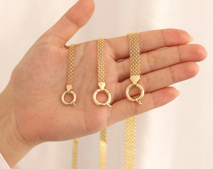 14k Gold Italian Mesh Chain Necklace w/ Sailor Clasp | 5mm Bismarck Chain, Gold Mesh Chain, Sailor Lock Chain Necklace, Vintage Design Gift