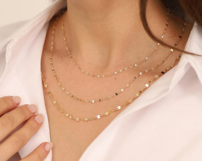 14k Gold Sequin Chain Necklace | Lip Chain Boomerang Chain Necklace, Dainty Glitter Chain Layering Necklace, Sparkle Chain, Birthday Gift