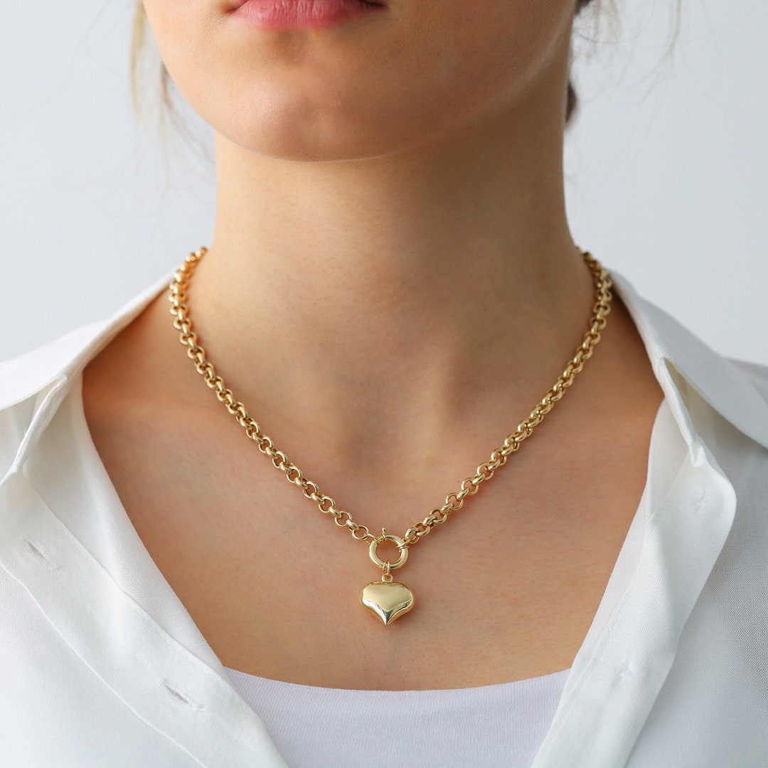14k Gold Rolo Link Necklace With Heart Charm Thick Belcher Etsy