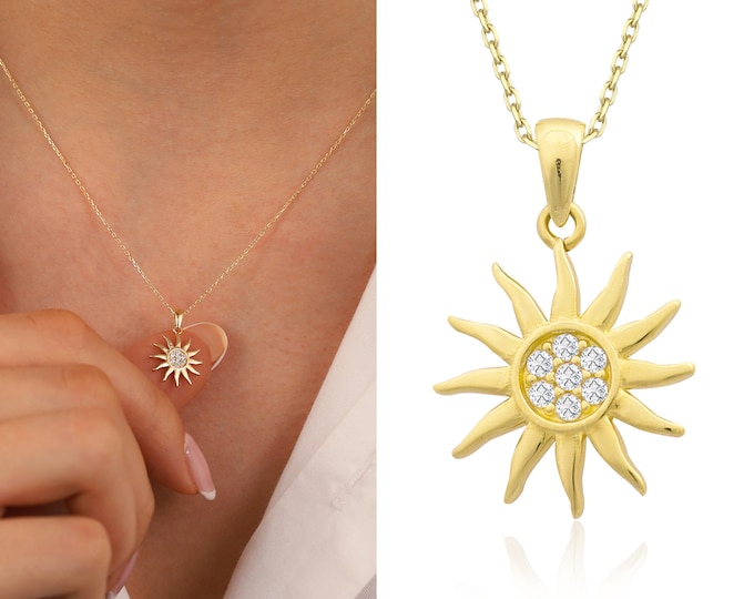 14K Gold Pave Sun Pendant Necklace | Dainty Jewelry, Sunshine Necklace, Celestial Jewelry, Sunbeam Necklace, Celestial Jewelry, Gift For Mom