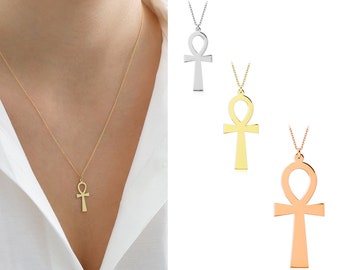 14k Gold MEDIUM Ankh Necklace | Ancient Ankh Charm Pendant, Life & Soul Symbol Pharaoh Necklace, Minimalist Cross Necklace | Gift for Her
