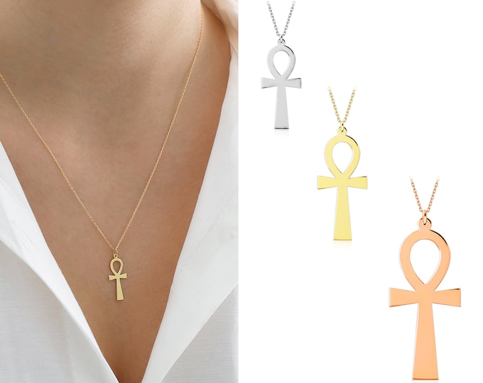 14k Gold MEDIUM Ankh Necklace | Ancient Ankh Charm Pendant, Life & Soul Symbol Pharaoh Necklace, Minimalist Cross Necklace | Gift for Her