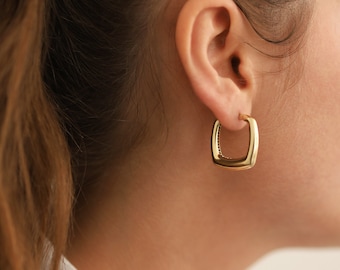14k Gold Square Dome Earrings | Bold Thick Tube Hoop Statement Jewelry