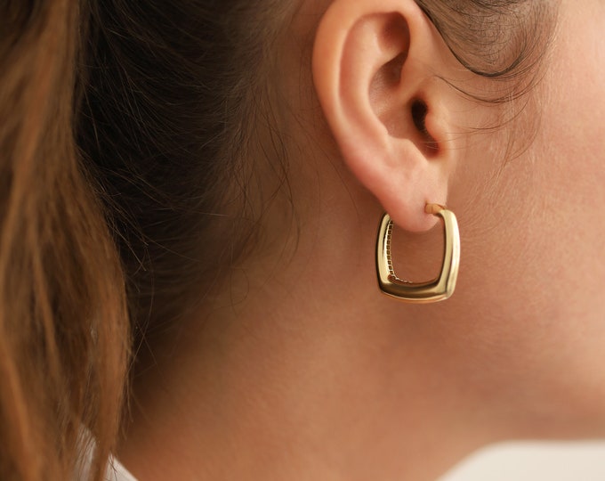 14k Gold Square Dome Earrings | Bold Thick Tube Hoop Statement Jewelry