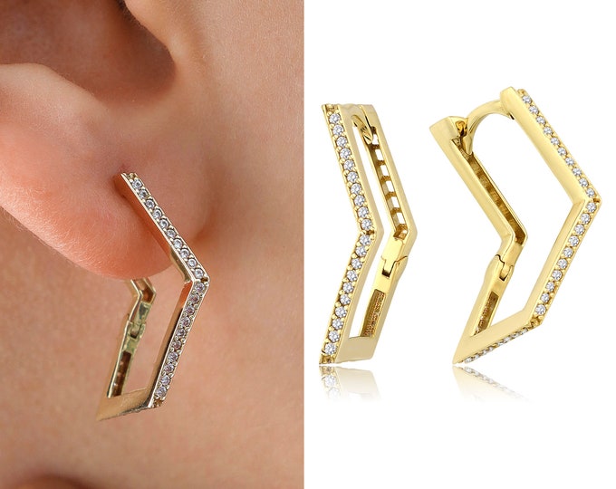 14k Gold Channel Prong Setting Earrings | Gemstone Huggie Geometric Shape Earrings, Daily Use Handmade Jewelry, Valentine's Day Gift