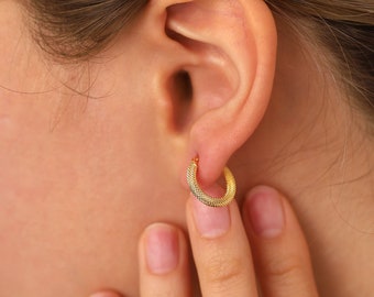 14k Gold Textured Hoop Earrings | Faceted Hammered Round Dangle