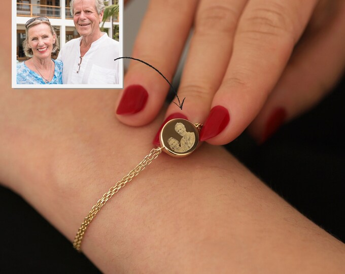 Personalized Photo Locket Disc Urn Necklace & Bracelet | 14k Gold Portrait Engraved Urn Pendant, Round Disc Photo Cremation Jewelry