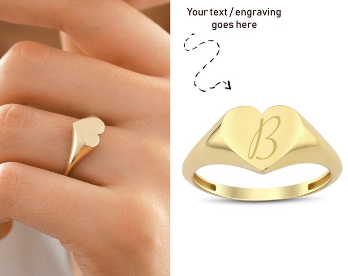 14k Gold Dome Heart Initial Ring | Bold Boho Classy Ring, Engravable&Personalized Jewelry, Valentines Day Gift, Birthday Gift, Gift for Her
