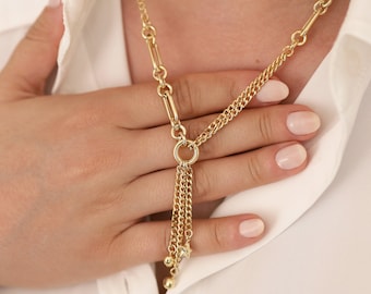 14k Gold Paperclip Double Curb Necklace | Y Lariat Chain with Stars