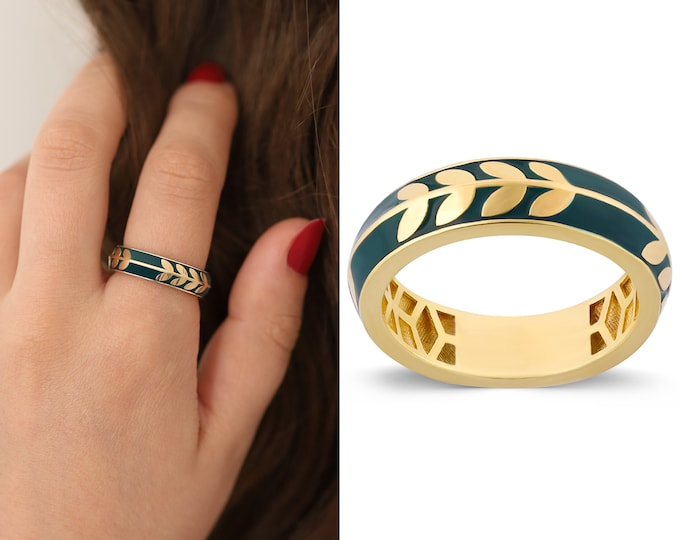 14k Gold Green Laurel Leaf Ring | Floral Design Heavy Ring, Customizable Color Band Ring, Fore Finger Ring, Vintage Jewelry, Gift for Her