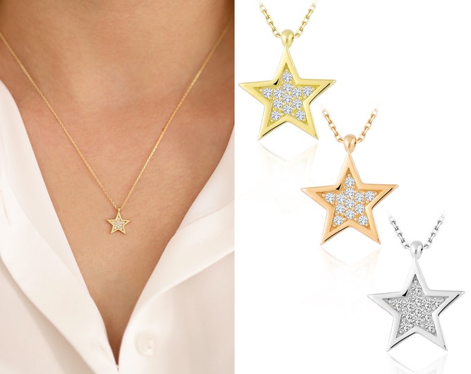 14K Gold Star Charm Necklace W/ CZ | Celestial Jewelry, Sparkley Star Necklace, Eye-Catching Jewelry, Anniversary Gift, Gift For Her