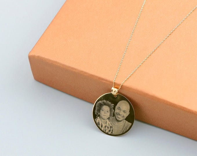 14k Gold Personalized Disc Pendant | Portrait Engraved Custom Gold Necklace, Memorial Pendant, Family or Your Photo, Pet Photo