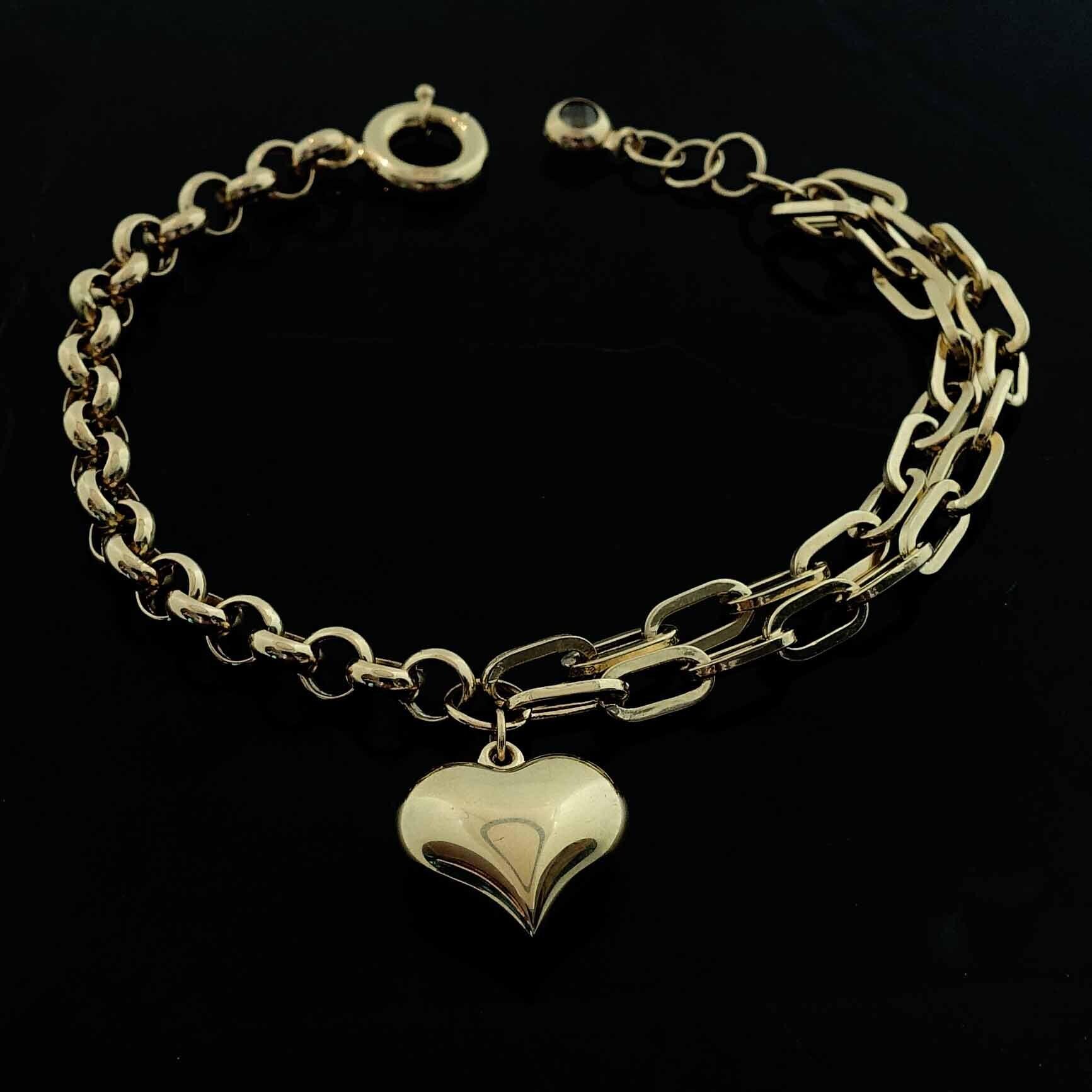 14k Gold Double Staple Link Thick Bracelet W/ Puffed Heart