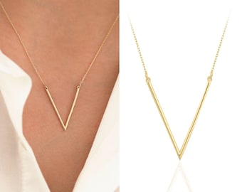 14K Gold Geometric Chevron V-Shaped Necklace |  Symmetrical Jewelry, Represention Of Victory, Balance&Resilience, Triumph, Birthday Present