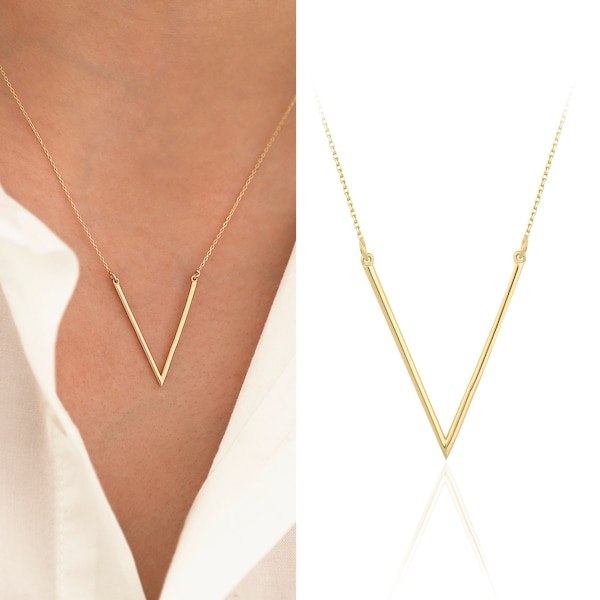 14K Gold Geometric Chevron V-Shaped Necklace |  Symmetrical Jewelry, Represention Of Victory, Balance&Resilience, Triumph, Birthday Present