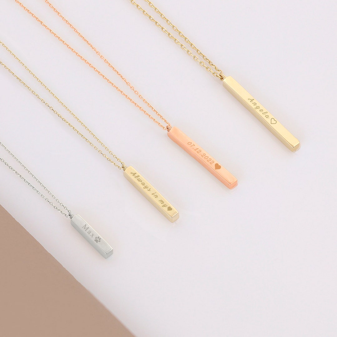 Personalized Bar Necklace 14k / 10k Gold Bar Necklace, Engraved Bar