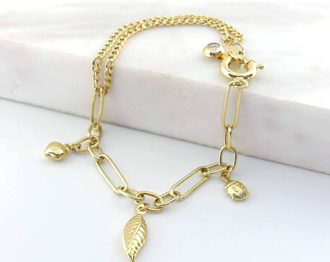 Heart Charm, Leaf Charm, Ladybug Charm Bracelet | 14k Gold Double Curb & Paperclip Chain w/ Puffy Charm Layering Bracelet | Gift for Her