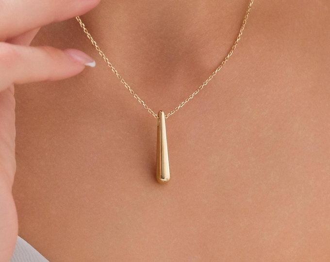 2025 New Design | 14k Gold Long Teardrop Ash Holder Necklace | Custom Engraving Cremation Horn Necklace, Keepsake for Human Ash & Pet Hair