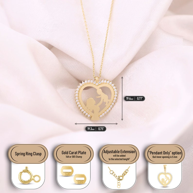 Mother & Baby Necklace 14k Gold Mom and Child Pendant, Heart Shaped ...