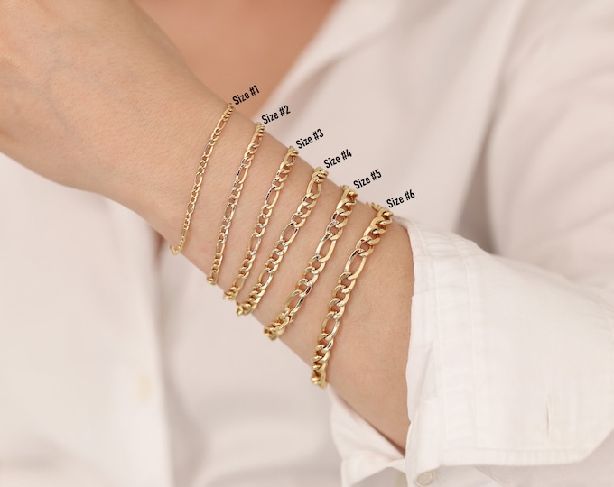 14k Gold 6mm Figaro Chain Bracelet | Thick Figaro Chain Link Bracelet, Cuban Chain, Bold Unisex Chain, Stacking Jewelry, Graduation Gift
